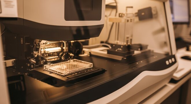 Close-up of a microplate reader instrument in a scientific laboratory setting