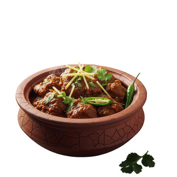 Spicy Indian mutton handi meat curry in a clay pot