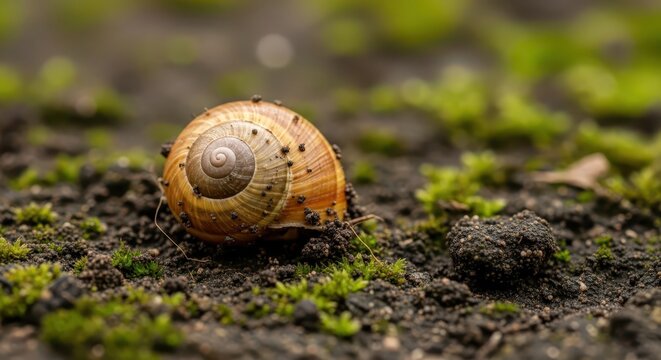 Close-up of a tiny, perfect spiralled snail shell resting on damp earth and moss