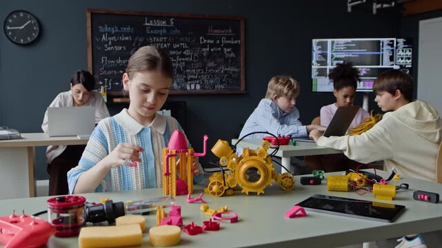 Caucasian girl assembling plastic robot model during STEM class with diverse classmates and teacher in background. Footage ideal for promoting elementary school science and technology programs