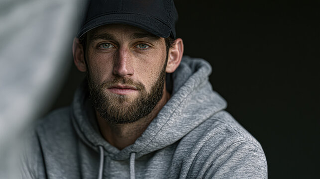 Portrait of a serious man wearing a cap and grey hoodie, with a textured artistic effect applied.