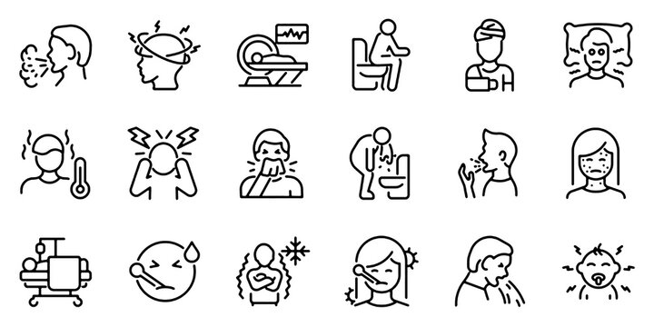 Set of outline icons related to sickness, illness, disease. Linear icon collection. Editable stroke. Vector illustration