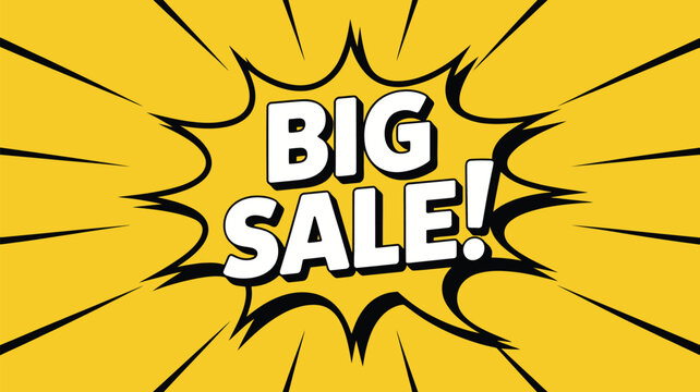 Dynamic yellow comic book style graphic announcing a big sale promotion with bold text