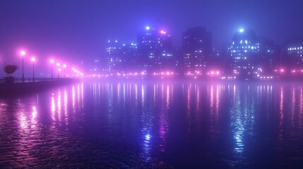 Fototapeta premium Mysterious city scene shows vibrant lights reflecting on water amid soft fog