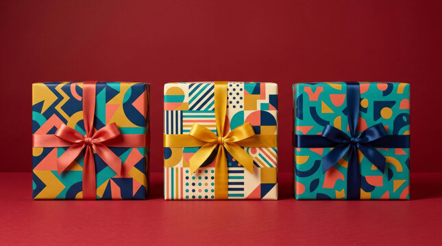 Three beautifully wrapped gift boxes with geometric patterns and satin ribbons on a red surface
