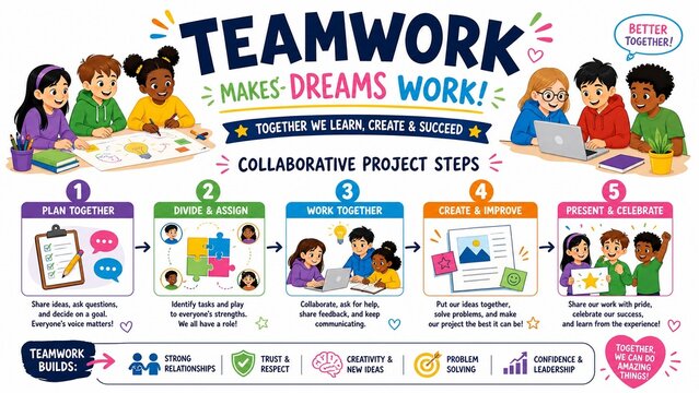 Kids Teamwork and Collaborative Project Steps Educational Infographic