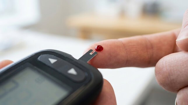 Close up of a person's finger with a blood drop ready for glucose testing with a glucometer