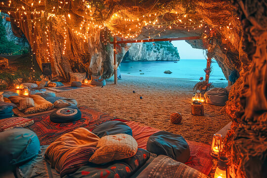 Cozy outdoor evening setup in a tranquil beach cave