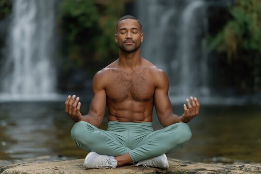 Shirtless man meditating cross legged by waterfall on rock