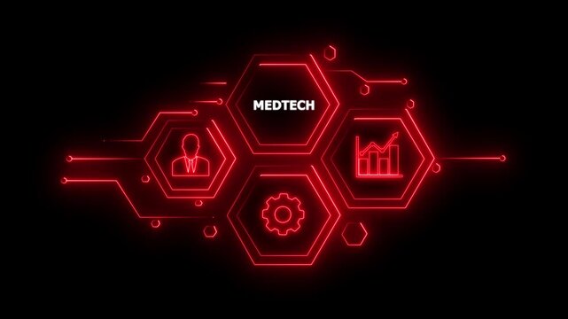 Abstract neon Hud knowledge ability business gear icon Glowing neon line concept. Glowing " MEDTECH " button in German on a futuristic, abstract wave technology on black background. 4K animation video