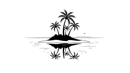 Tropical Island Silhouette with Palm Trees and Reflection on Water © illustration vector 