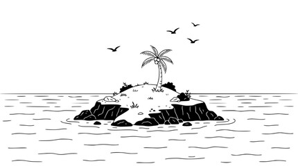 Minimalist Tropical Island with Palm Tree in Ocean - Black and White Line Art © illustration vector 