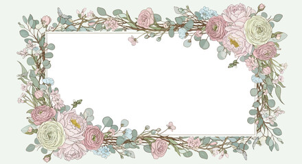 Floral frame border with delicate roses and eucalyptus leaves on a light background © aghniya