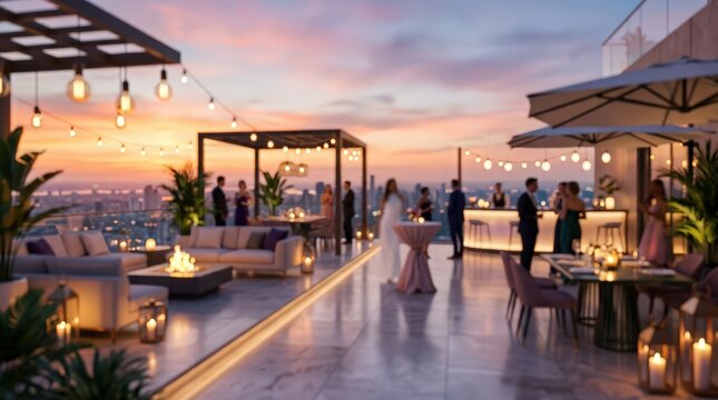 Luxury rooftop bar terrace party sunset lounge city skyline social event elegant lifestyle restaurant cocktails outdoor seating nightlife celebration