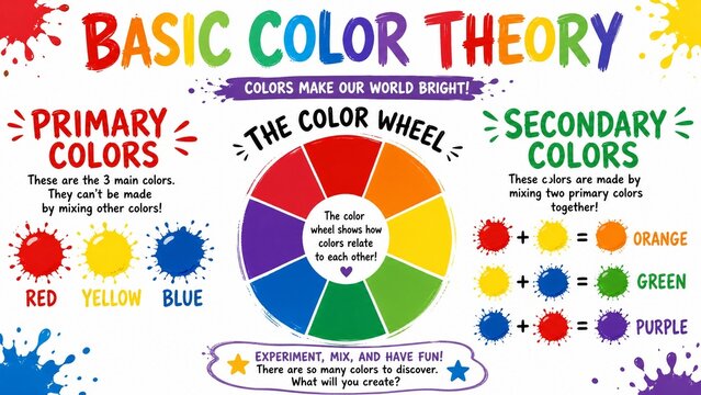Educational Basic Color Theory Infographic with Color Wheel and Primary Secondary Colors