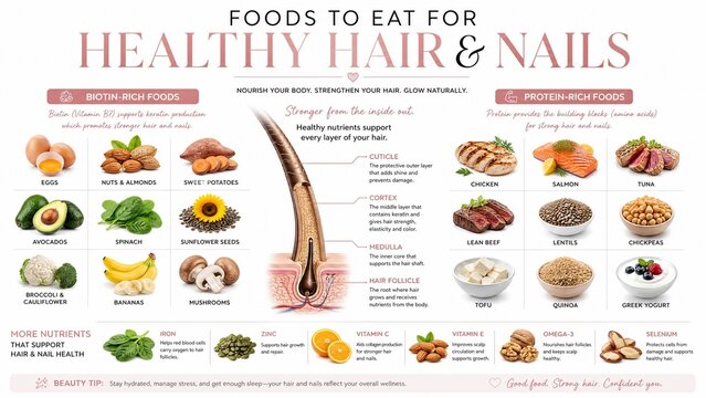 Healthy Foods for Strong Hair and Nails Growth Infographic with Nutrients Guide