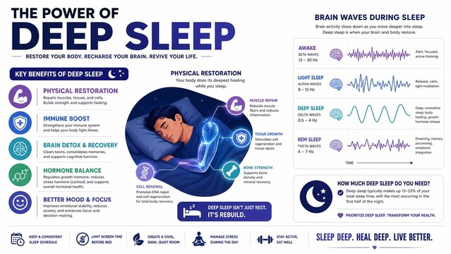 Deep Sleep Health Benefits Infographic and Brain Wave Patterns