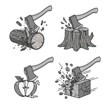 Collection of four monochrome hatchet vector icons showing an axe splitting a log a stump an apple and a concrete cube on a white background