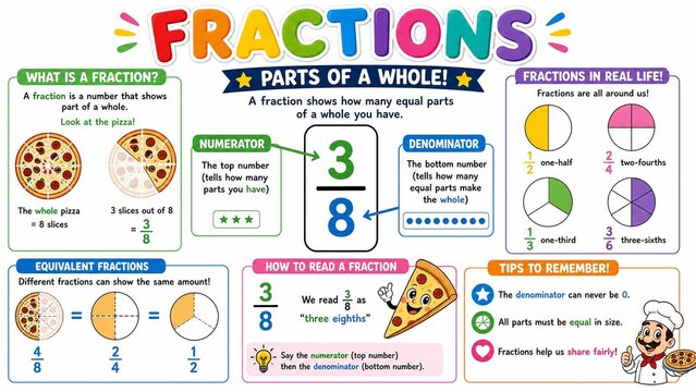 Educational Math Poster for Kids Explaining Fractions with Pizza Illustrations