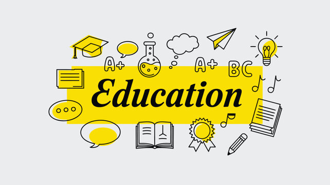 Education title surrounded by school symbols like a graduation cap, book, and flask on yellow