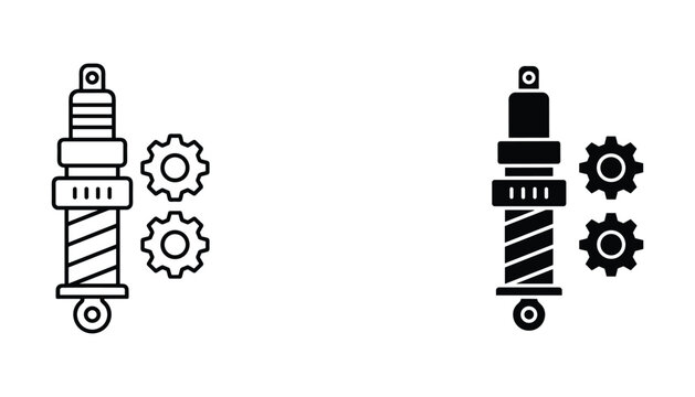 Automotive shock absorber icon with small gears in outline and solid black silhouette styles for car maintenance and mechanical engineering graphic design services