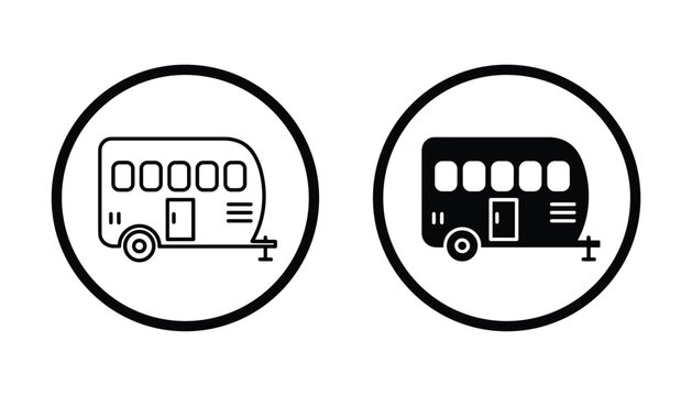 Classic camper trailer icon inside a circle frame in outline and solid black silhouette styles for travel and recreational vehicle industry graphic design assets