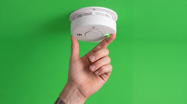 Close-up of a hand pressing a smoke detector on a ceiling against a green background