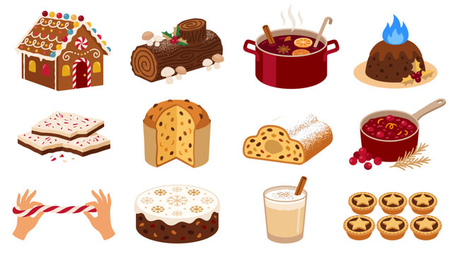 Christmas food festive recipe collection with gingerbread house yule log mulled wine and holiday baking vector set