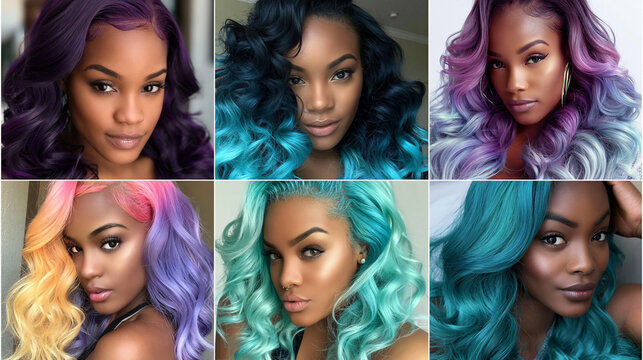 Sechs Frauen pr&auml;sentieren bunt gef&auml;rbte Haare in Portr&auml;t-Collage