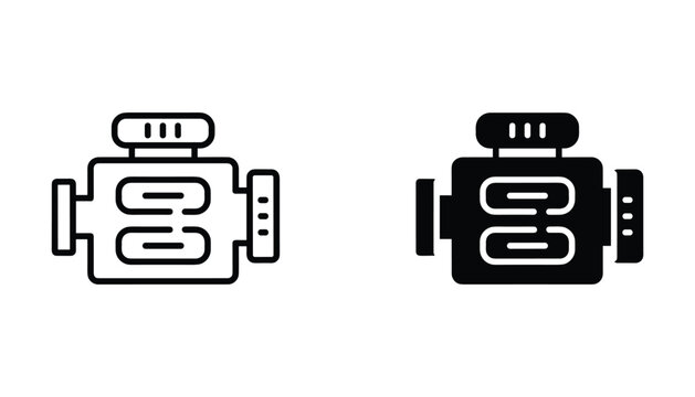 Car engine block icon set representing automotive repair mechanical power or vehicle maintenance in both clean outline and solid black graphic styles for technical design applications
