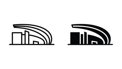 Modern architectural stadium or arena building icon in outline and solid black styles for sports and event venue branding and urban development architectural design presentations © TARU STOCKPLC