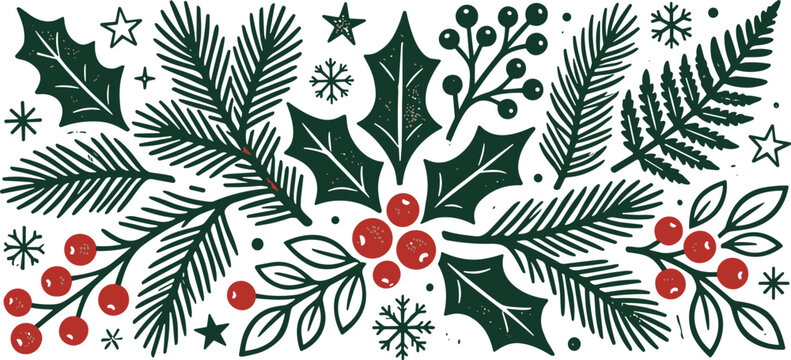 Christmas botanical banner vector illustration featuring vintage linocut block print style pine branches holly leaves red berries snowflakes and stars