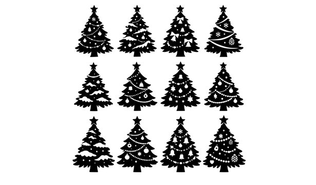 Detailed Christmas Tree Silhouette Icons Set Vector Snowy Festive Pines with Ornaments