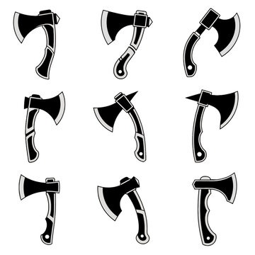 Diverse hatchet vector illustrations, a versatile set of hand axes and small forestry tools for design projects, logging themes, or outdoor adventure graphics