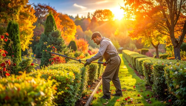 Gardener Pruning Hedges in Autumn Sunlight - A Serene Landscape.