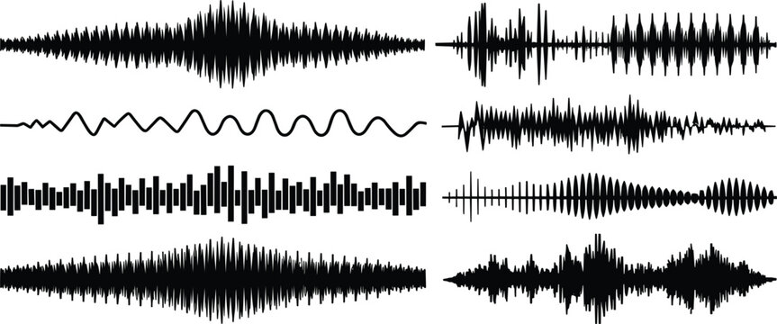Digital audio soundwave vector illustration collection featuring horizontal radio frequencies, music equalizer bars, podcast voice recording tracks, sinusoidal waves, and acoustic vibration signals.