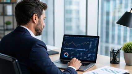 Fototapeta premium Financial analyst monitoring stock market trends and analytics on a laptop in a modern office