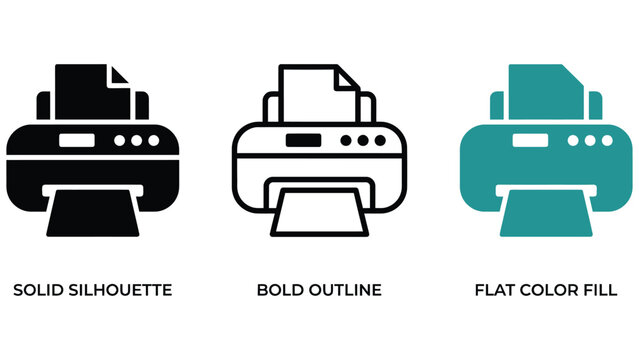 Three different printer icons in various design styles on white background