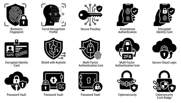 Cybersecurity Lock Icons Set with Authentication Badges, Keyholes, Privacy Shields and Digital Identity Protection Symbols