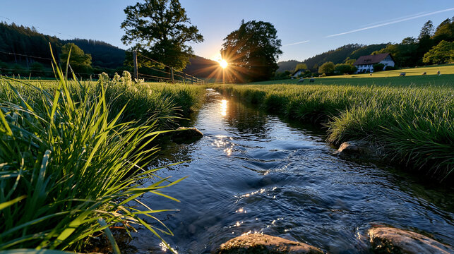 Fluss flie&szlig;t sanft durch gr&uuml;ne Wiese im goldenen Sonnenuntergangslicht