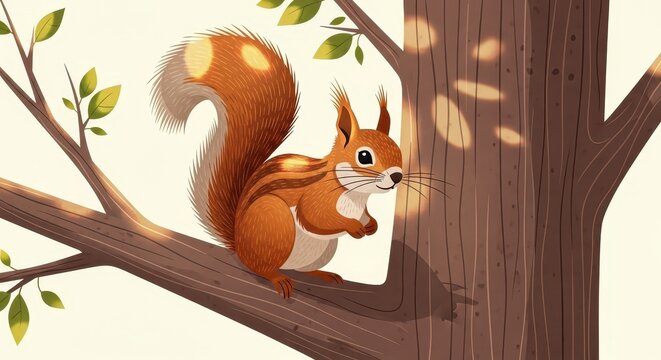 Curious Squirrel Perched on a Tree Branch Observing Sunlight and Shadows