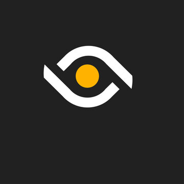 Modern abstract eye logo design, minimalist vision symbol with yellow iris on dark background
