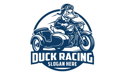 Obraz premium Duck Mascot Riding Vintage Motorcycle Sidecar Logo
