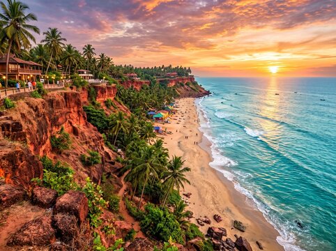 High angle view of Varkala red cliffs and beach at sunset overlooking the Arabian Sea, Kerala, India