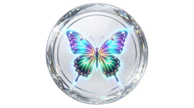 Luminous iridescent butterfly inside crystal glass sphere, glowing neon insect emblem on white background, magical glass paperweight with ethereal butterfly