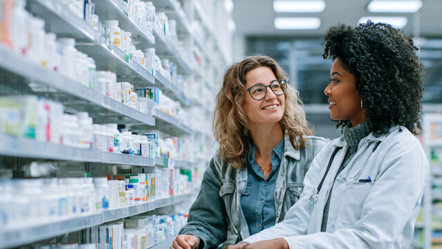 Professional pharmacist advising a customer about medication in a modern drugstore, explaining proper medicine use, dosage information, and healthcare guidance while standing beside.