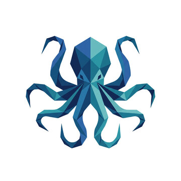 Geometric octopus logo design with blue polygonal shapes and sharp edges, creating modern and dynamic marine symbol