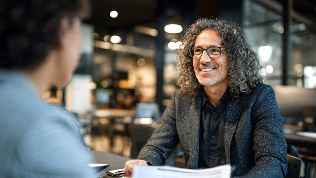 Smart casual female applicant discussing qualifications with a professional male recruiter during a job interview in a contemporary office, workplace hiring concept emphasizing communication.