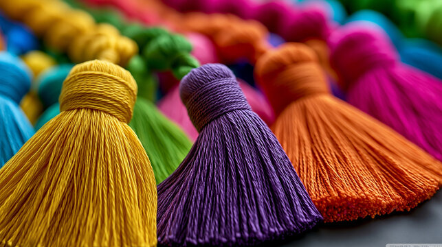 Bunte Quasten h&auml;ngen dicht nebeneinander im Detail