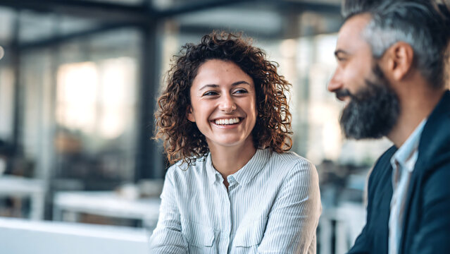 Smiling female colleague consulting with a male coworker during a casual office meeting, both collaborating around a laptop while discussing project ideas, business strategy, and workplace solutions.